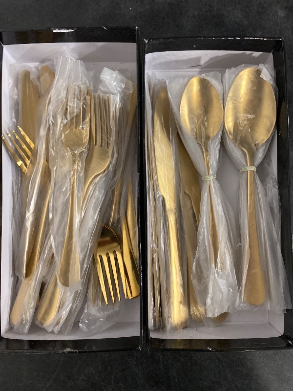 Photo 1 of Gold Silverware Set 12 Stainless Steel Flatware Set 60 Piece Spoon Fork Knives Round Wide Handle Proper Weight Dishwasher Safe Gatherings Festival Parties