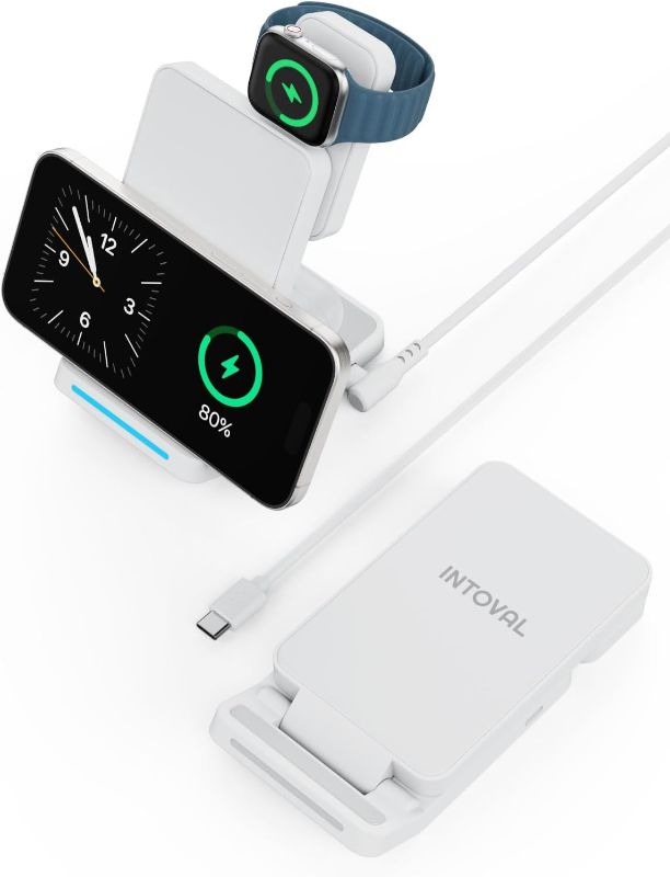 Photo 1 of Wireless Charging Station, Intoval 3-in-1 Foldable Stand for iPhone 16 Pro/16/15 Pro/15/14 Pro/14/13 Max/Plus, Apple Watch 9/8/7/Ultra 2, Airpods, Fast Charging Dock for Multiple Devices (F3,White)