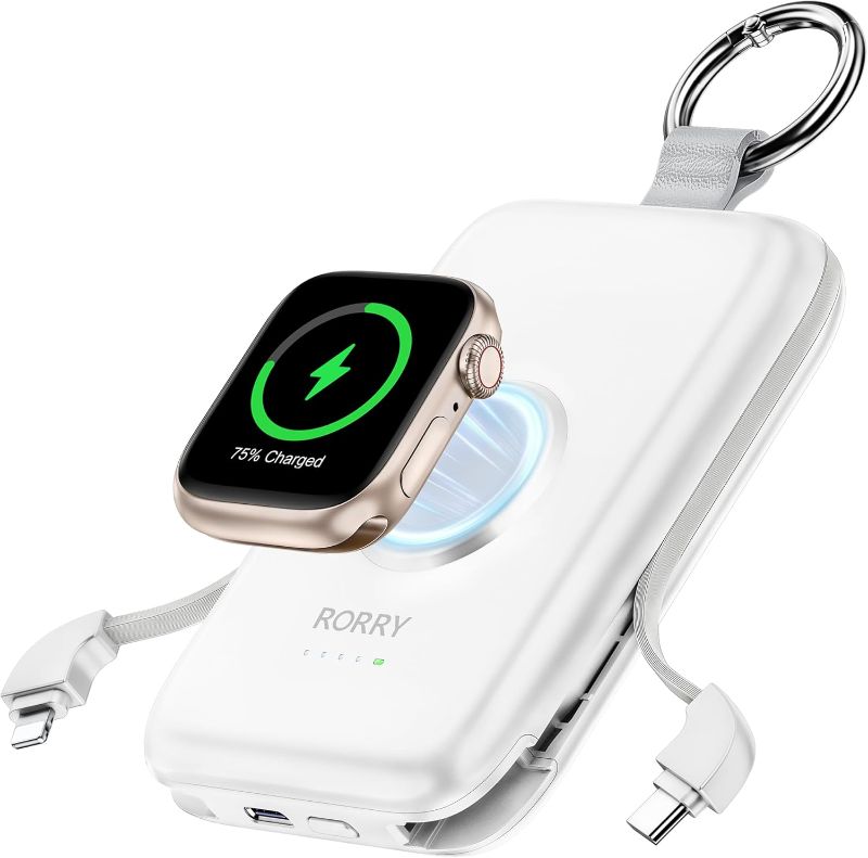 Photo 1 of RORRY Portable Charger, 10000mAh PD 20W Fast Charging Portable Charger Power Bank with Built in Cables, Travel Battery Pack for iPhone 16/15/14/13/12 and Apple Watch Ultra/9/8/7/6/5/4/3/2, White