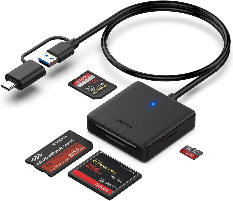Photo 1 of Memory Card Reader, BENFEI 4in1 USB 3.0 and USB-C to SD Micro SD MS CF Card Reader Adapter, 4 Cards Simultaneously Read and Write, Compatible with iPhone 15 Series, MacBook Pro/Air 2023, and More