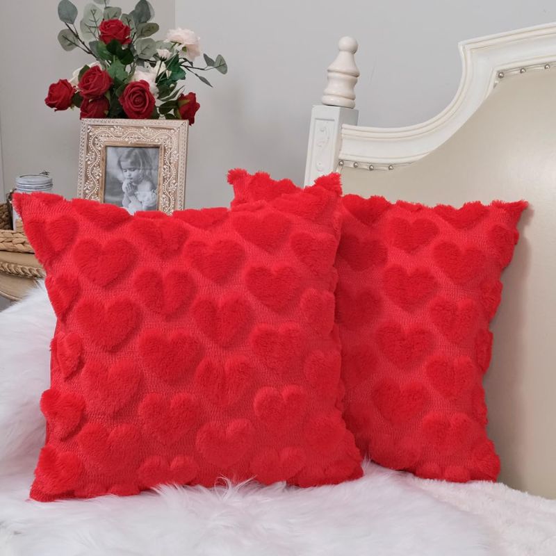 Photo 1 of GEEORY Valentines Day Soft Plush Love Heart Pillow Covers, 18 x 18 Inch Set of 2, Faux Fur Wool Decorative Anniversary Cushion Case for Sofa Home Decoration Red 