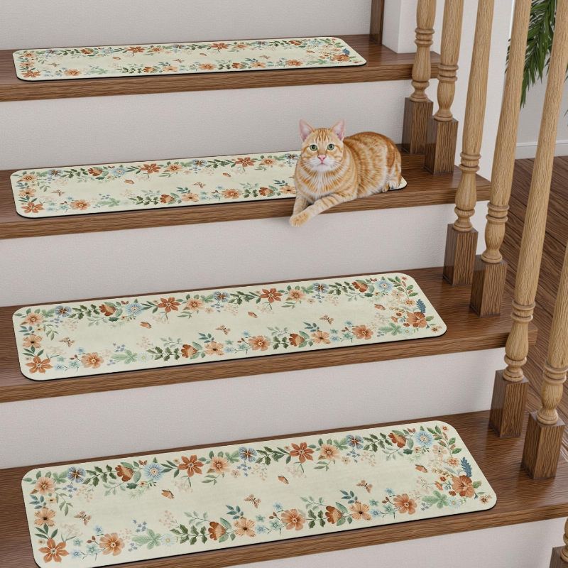 Photo 1 of Floral Stair Treads Non-Slip Stair Runners for Wooden Steps Indoor 5PCS 30"x8" Carpet Stair Treads Stair Mats Staircase Step Treads for Kids, Elders and Dogs, Stair Covers, Beige