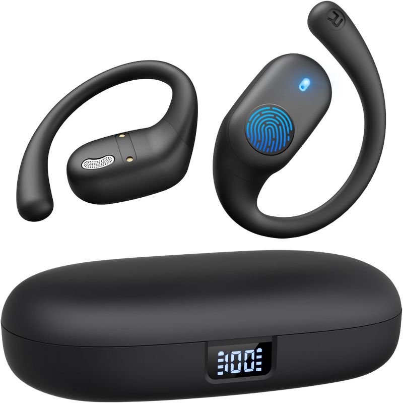 Photo 1 of Open Ear Headphones, Bluetooth Headphones 5.3 Sports with Smart Digital Display, 36H Playtime, IP54 Waterproof, Wireless Earbuds Lightweight Design Fit Cycling, Running, Workout (Black)