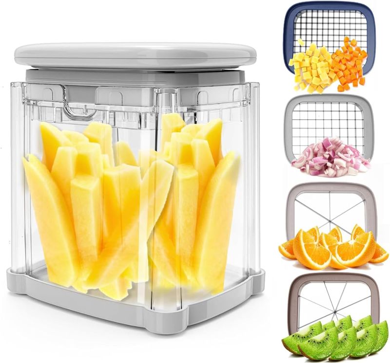 Photo 1 of French Fry Cutter 4-in-1 Food Dicer Chop Box, Potato Cutter for Fries Potato French Fry Onion Cutter Food Chopper Manual Hand Vegetable Cutter Dicer Apple Slicer, 4 Blades