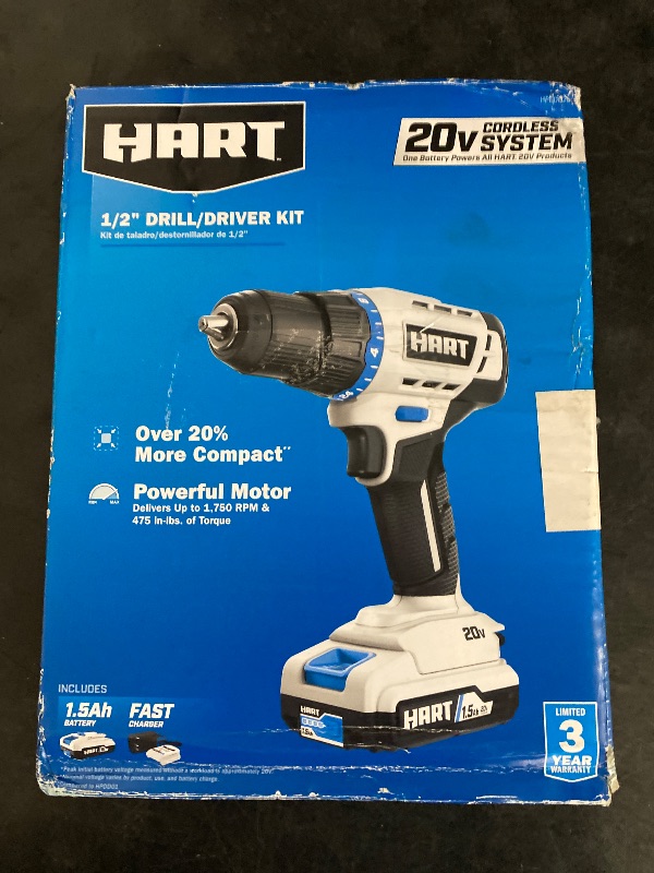 Photo 1 of HART 20-Volt 1/2-inch Cordless Drill/Driver Kit, (1) 1.5Ah Lithium-Ion Battery, Gen 2