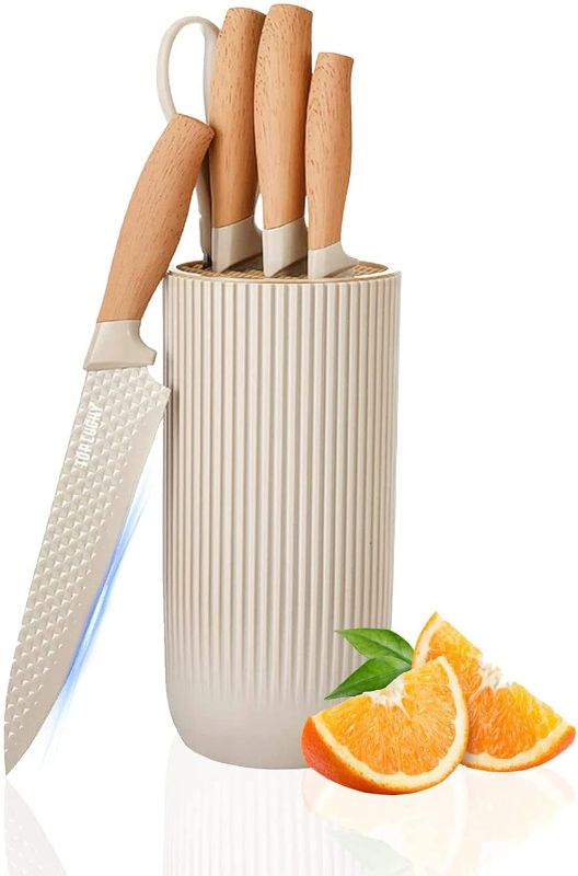 Photo 1 of Kitchen Knife Set, 6-Piece Khaki Cooking Knife Set with Star Grain Blade, Sharp Stainless Steel Chef Knife Set Contains Round Knife Storage, Knives, Scissors for Home Kitchen