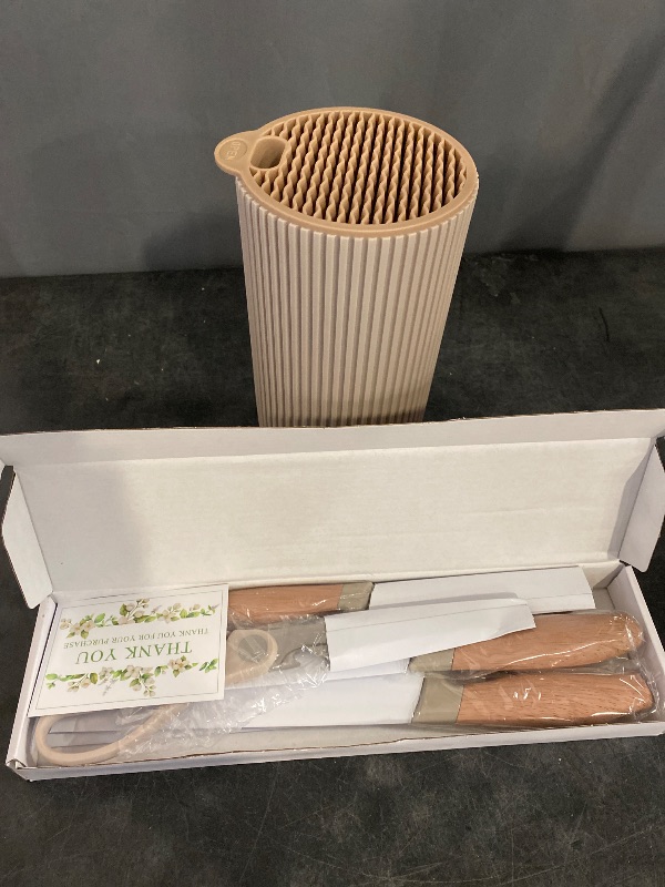 Photo 1 of Kitchen Knife Set, 6-Piece Khaki Cooking Knife Set with Star Grain Blade, Sharp Stainless Steel Chef Knife Set Contains Round Knife Storage, Knives, Scissors for Home Kitchen