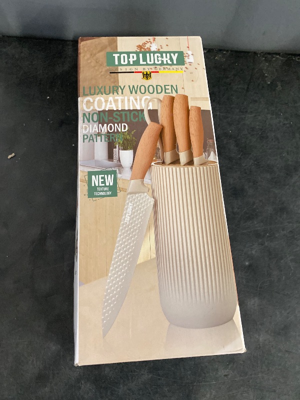Photo 1 of Kitchen Knife Set, 6-Piece Khaki Cooking Knife Set with Star Grain Blade, Sharp Stainless Steel Chef Knife Set Contains Round Knife Storage, Knives, Scissors for Home Kitchen