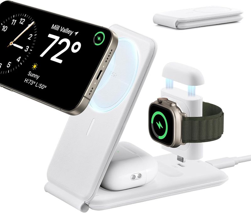 Photo 1 of ESR 3 in 1 Charger for Magsafe, Travel Charger Stand for Magsafe, Made for Apple Watch Certified, Foldable Charging Station Compatible with iPhone 16/15/14/13/12, AirPods Pro, White