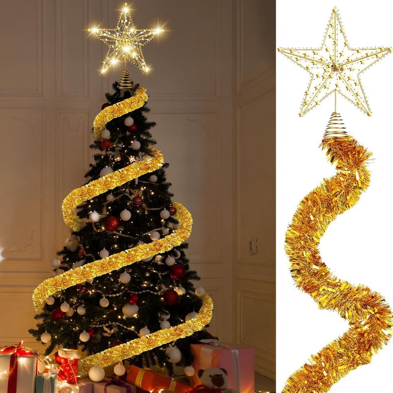 Photo 1 of 2 Pcs 12 Inch Large Christmas Star Tree Topper with 33 ft Christmas Tinsel Garland Big LED Lighted Glittered Star Metallic Garlands for Xmas Tree Decorations Holiday Party Supplies(Gold)