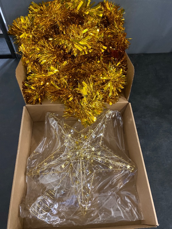 Photo 1 of 2 Pcs 12 Inch Large Christmas Star Tree Topper with 33 ft Christmas Tinsel Garland Big LED Lighted Glittered Star Metallic Garlands for Xmas Tree Decorations Holiday Party Supplies(Gold)