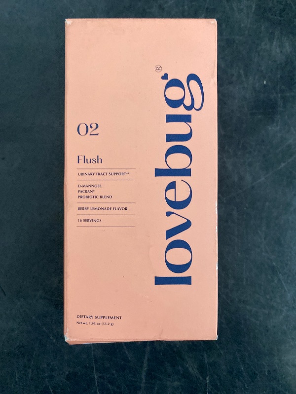 Photo 1 of Lovebug Flush Probiotic Drink Mix - Urinary Tract Health & Vaginal Probiotics for Women, UTI, BV, Gut & Yeast Support, 5 Billion CFU, D-Mannose, Vitamin C, Cranberry Supplement Powder, 16 Packets