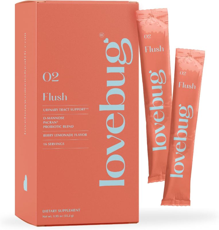 Photo 1 of Lovebug Flush Probiotic Drink Mix - Urinary Tract Health & Vaginal Probiotics for Women, UTI, BV, Gut & Yeast Support, 5 Billion CFU, D-Mannose, Vitamin C, Cranberry Supplement Powder, 16 Packets