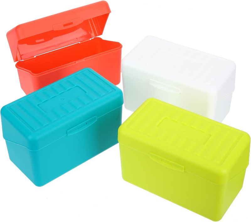 Photo 1 of 4pcs 3x5 Inch Index Card Holder, Flash Card Organizer, Notecard Holder, Plastic Card File Box for Office, School, Home Storage, Assorted Colors (Yellow, White, Green, Red)