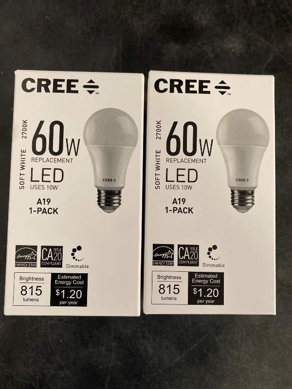 Photo 1 of Cree Lighting Exceptional Series A19 Bulb, 5000K Dimmable LED Bulb, 60W + 815 Lumens, Daylight, 2 Pack