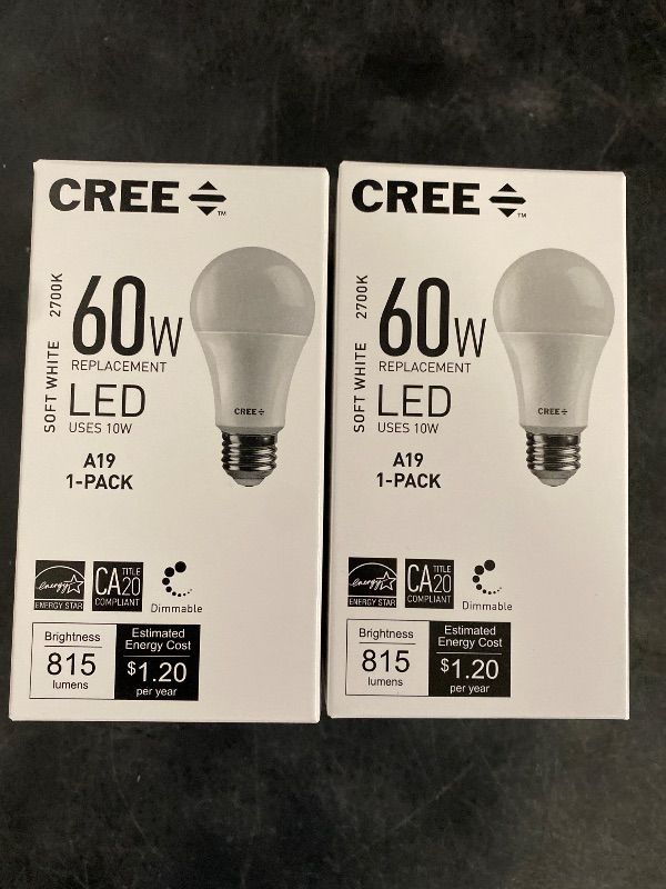 Photo 1 of Cree Lighting Exceptional Series A19 Bulb, 5000K Dimmable LED Bulb, 60W + 815 Lumens, Daylight, 2 Pack