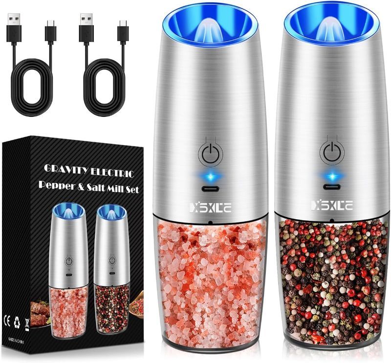 Photo 1 of Sweet Alice Rechargeable Electric Pepper and Salt Grinder Set, No Battery Needed, whit Gravity Sensing Switch and LED Light, One Hand Automatic Operation, Sliver 2 Pack