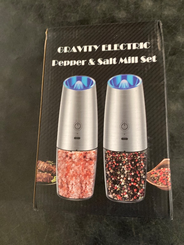 Photo 1 of Sweet Alice Rechargeable Electric Pepper and Salt Grinder Set, No Battery Needed, whit Gravity Sensing Switch and LED Light, One Hand Automatic Operation, Sliver 2 Pack