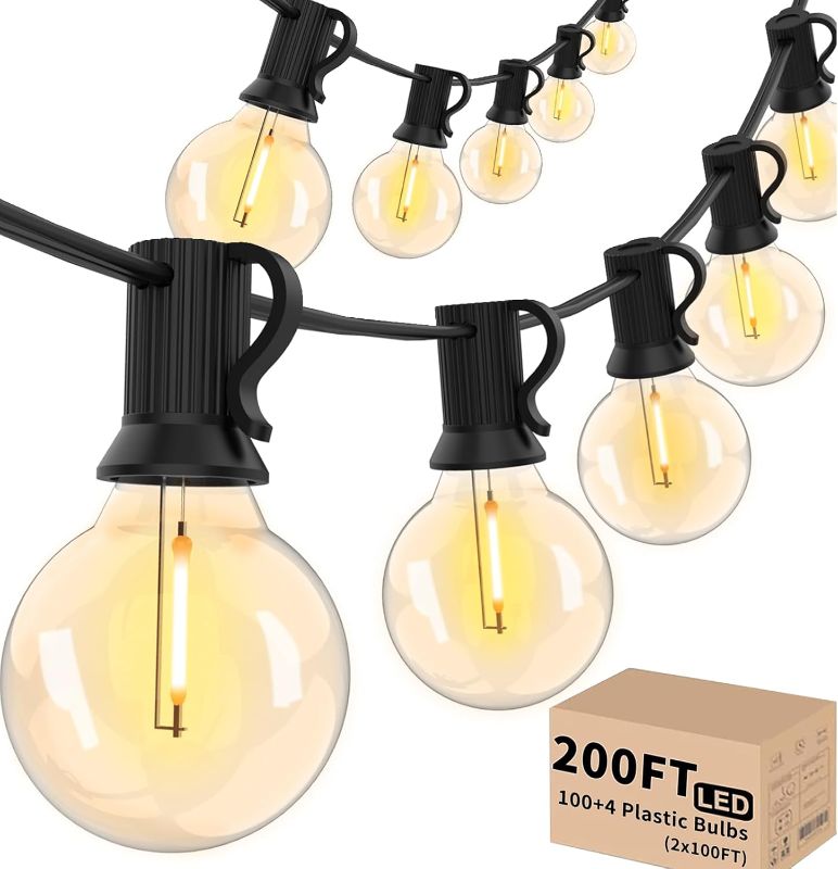 Photo 1 of Svater Outdoor String Lights 200 FT, Patio Lights with 104 Shatterproof LED Bulbs, Commercial Grade Waterproof Plastic Hanging Light for Bistro Backyard Cafe Market, Warm White 2700K (2 X 100 FT)