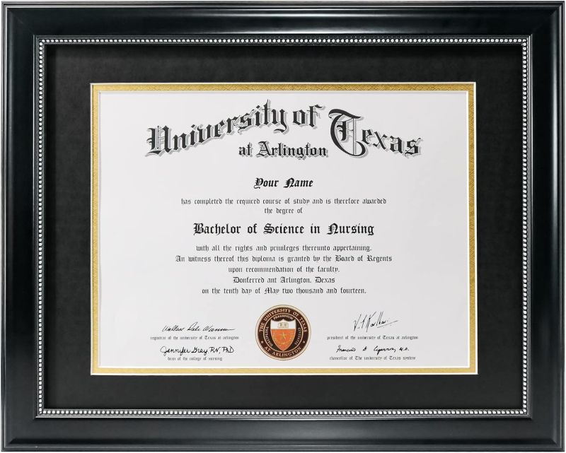 Photo 1 of GraduationMall 8.5x11 Diploma Frame with Black over Gold Mat or Display 11x14 Document without Mat, UV Protection Acrylic, Black with Silver Beads