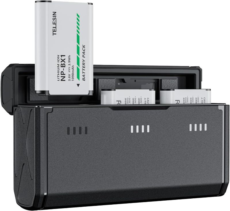 Photo 1 of TELESIN 2 Pack NP-BX1 Battery and 3-Channel Battery Charger for Sony NP-BX1/M8, ZV-1, ZV-1 II, Cyber-Shot DSC-HX80, HX90V, HX95, HX99, RX1, RX1R II, RX100 (II/III/IV/V/VA/VI/VII), FDR-X3000, HDR-AS50