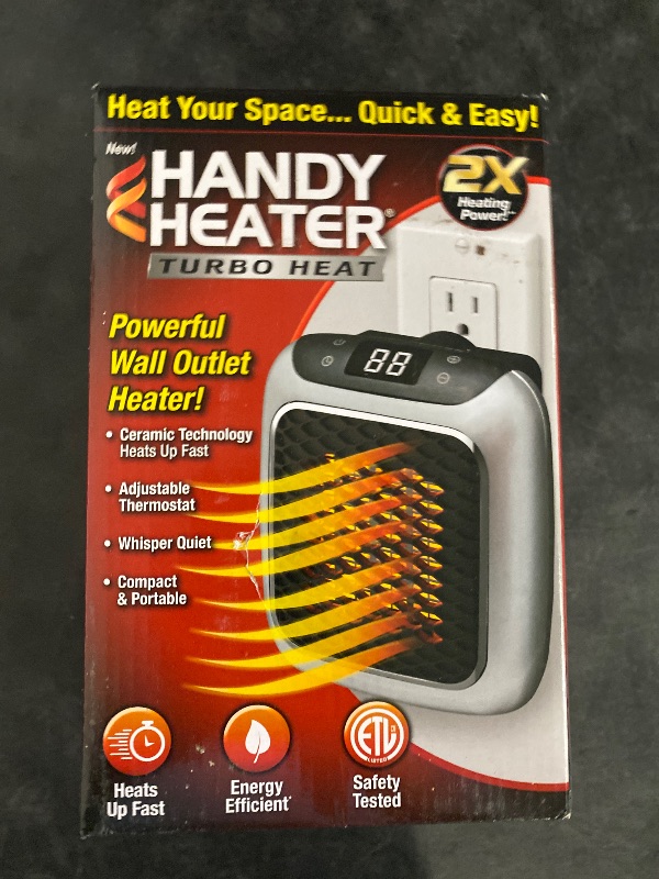 Photo 1 of Ontel Handy Heater Turbo Wall Outlet Small Space Heater with Adjustable Thermostat, Programmable 12-Hour Timer, Auto Shut Off - Quiet, Space-Saving, Ceramic (Packaging May Vary)