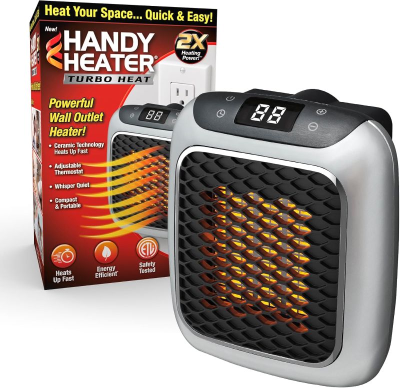 Photo 1 of Ontel Handy Heater Turbo Wall Outlet Small Space Heater with Adjustable Thermostat, Programmable 12-Hour Timer, Auto Shut Off - Quiet, Space-Saving, Ceramic (Packaging May Vary)