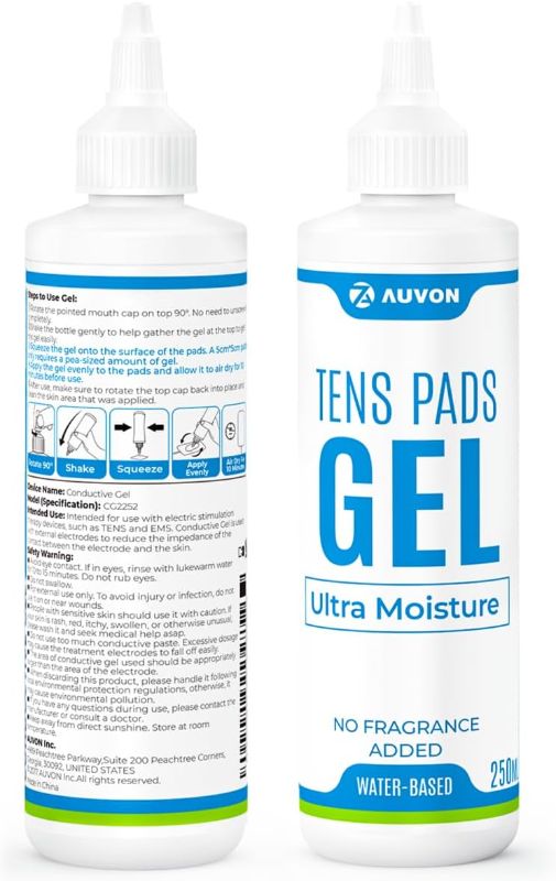 Photo 1 of AUVON Professional Conductive Gel Specialized for TENS Unit Pads, Odorless Electrode Gel with Optimal Hydration for Muscle Stimulator & EMS Pads, Skin-Friendly & Water-Based for Safe Use, 2 x 250ml, Hypoallergenic