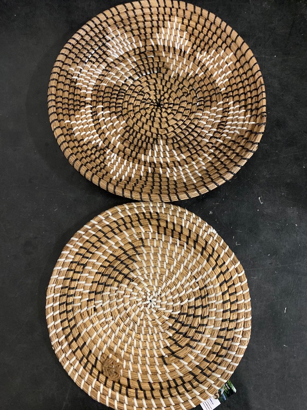 Photo 1 of Decorative Woven Basket and Flat Wicker Basket for Wall - Bohemian Plates and Bowls Set - Rattan Fruit Basket 13.7" - Rattan Plate 11.7" - 2 Piece Set