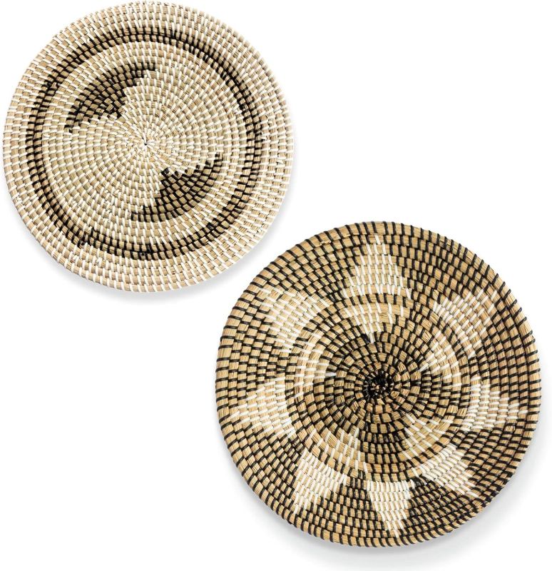 Photo 1 of Decorative Woven Basket and Flat Wicker Basket for Wall - Bohemian Plates and Bowls Set - Rattan Fruit Basket 13.7" - Rattan Plate 11.7" - 2 Piece Set