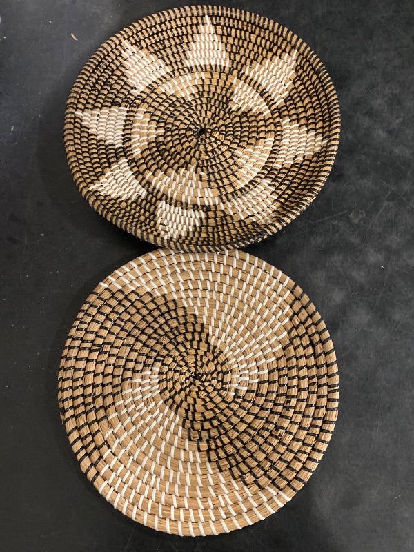 Photo 1 of Decorative Woven Basket and Flat Wicker Basket for Wall - Bohemian Plates and Bowls Set - Rattan Fruit Basket 13.7" - Rattan Plate 11.7" - 2 Piece Set
