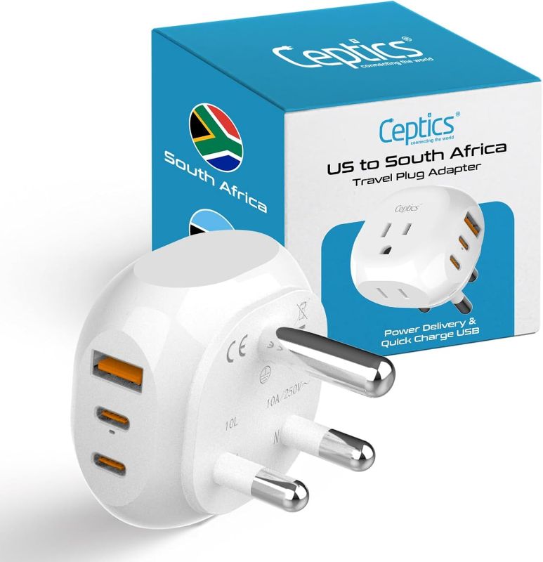 Photo 1 of Ceptics South Africa Travel Adapter - 5 Input with QC 3.1A Dual USB and USB-C - Ultra Compact - Light Weight - USA to Any Type M Countries Such as Namibia, Botswana and More (PTU-10L), White
