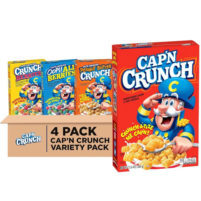 Photo 1 of Quaker Cap'n Crunch Breakfast Cereal, 4 Flavor Variety Pack, (4 Pack), Sweetened Corn & Oat Cereal Original, Crunch Berries, Oops All Berries, Peanut Butter