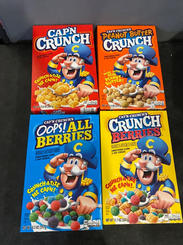Photo 1 of Quaker Cap'n Crunch Breakfast Cereal, 4 Flavor Variety Pack, (4 Pack), Sweetened Corn & Oat Cereal Original, Crunch Berries, Oops All Berries, Peanut Butter
