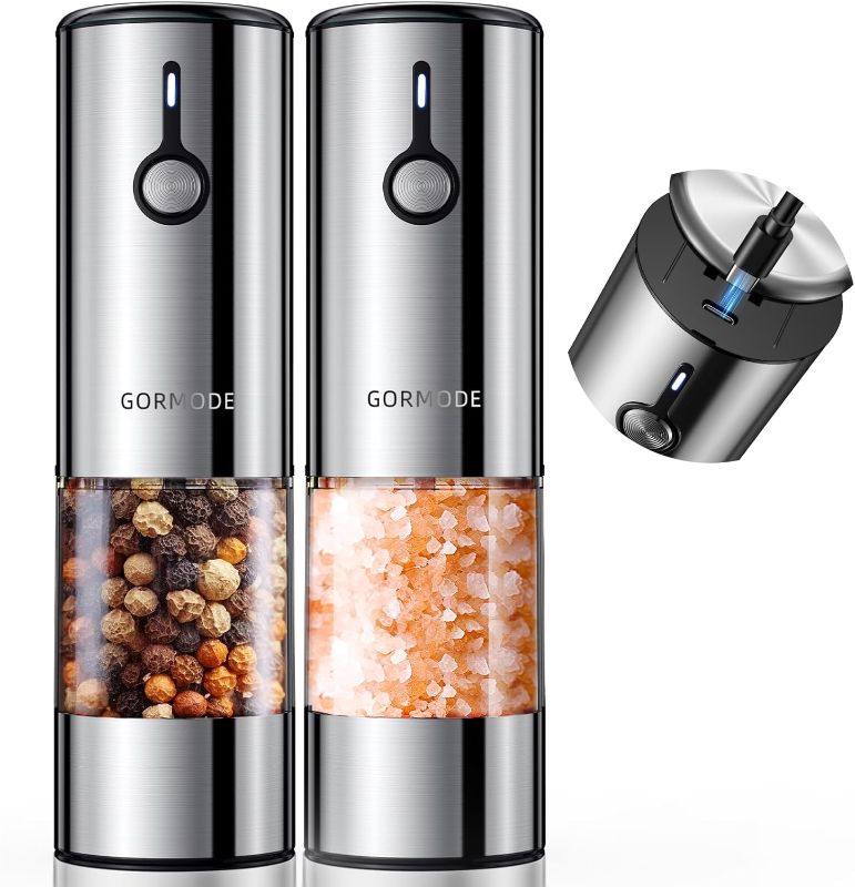 Photo 1 of Large Capacity Rechargeable Electric Salt and Pepper Grinder Set -USB Charging Port with Sliding Dust Cover; Automatic Salt and Pepper Mill Grinder With LED Light-6 Adjustable Grinding Modes