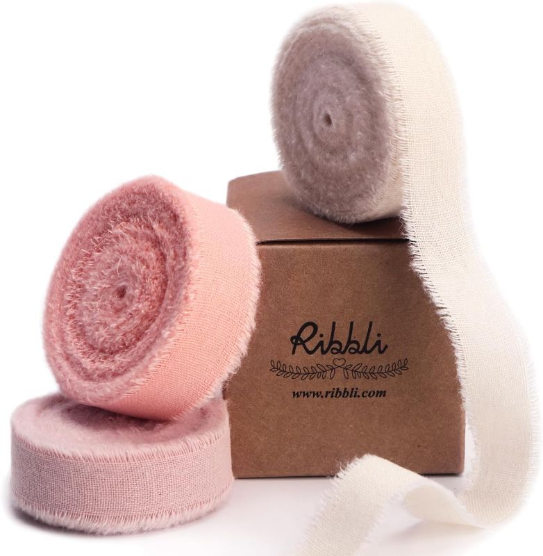 Photo 1 of 3 Rolls Pink Ribbon 5/8 Inch x 18Yards Ivory Blush Dusty Pink Handmade Cotton Frayed Fringe Ribbons for Gift Wrapping Wedding Invites Bridal Bouquets Baby Shower DIY Crafts Home Decor