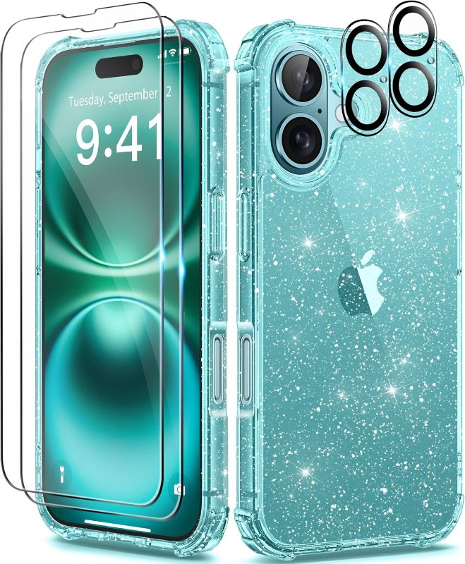 Photo 1 of BERFY Compatible with iPhone 16 Case Glitter, [5 in 1] with 2X Screen Protector + 2X Camera Lens Protector, [Non-Yellowing] Clear Sparkle Slim Shockproof Hard Phone Cover for Women 6.1", Shiny Green