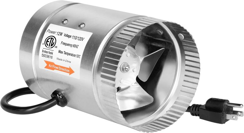 Photo 1 of iPower 4 Inch Inline Duct Fan 100 CFM Booster Exhaust Fan with Low Noise for HVAC Ventilation in Attic, Bathroom, Basemen and Kitchen, 5.5' Grounded Power Cord Included, Silver