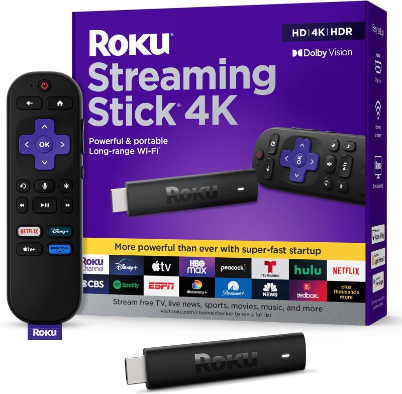 Photo 1 of Roku Streaming Stick 4K - HDR & Dolby Vision Roku Streaming Device for TV with Voice Remote & Long-Range Wi-Fi - Free & Live TV