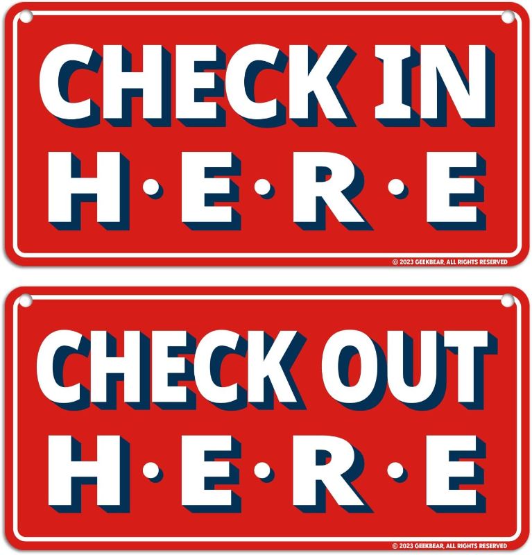 Photo 1 of GEEKBEAR Check In Here/Check Out Here Sign (Red, 2 Pack) - Hanging from Ceiling - 12 x 6 in