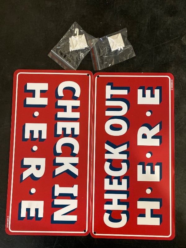 Photo 1 of GEEKBEAR Check In Here/Check Out Here Sign (Red, 2 Pack) - Hanging from Ceiling - 12 x 6 in
