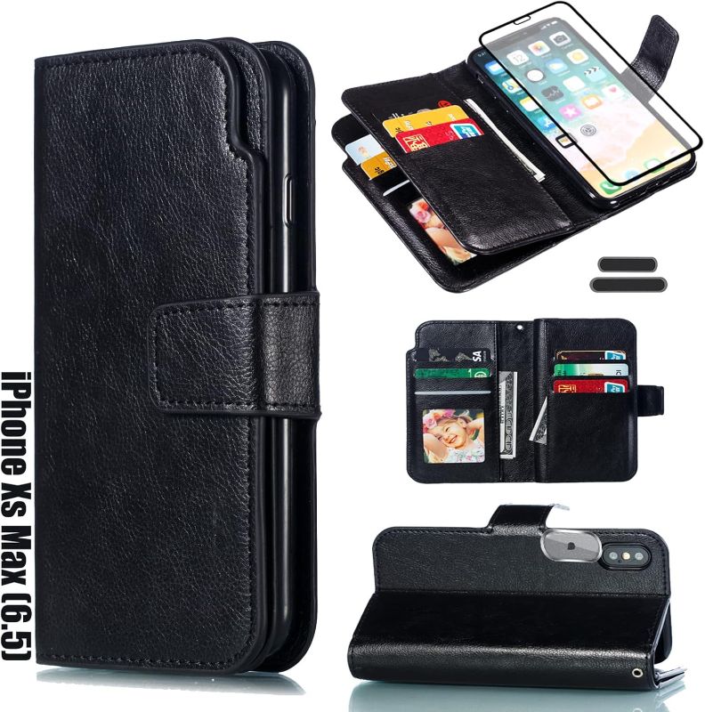 Photo 1 of iPhone Xs Max 6.5 Inch Wallet Case [3+ Card Slots] ID Business Card Credit Card Slot Carry Pouch with Stand Double Sided Multi-Card Slot Flip Folding PU Wallet Leather Case (Black)