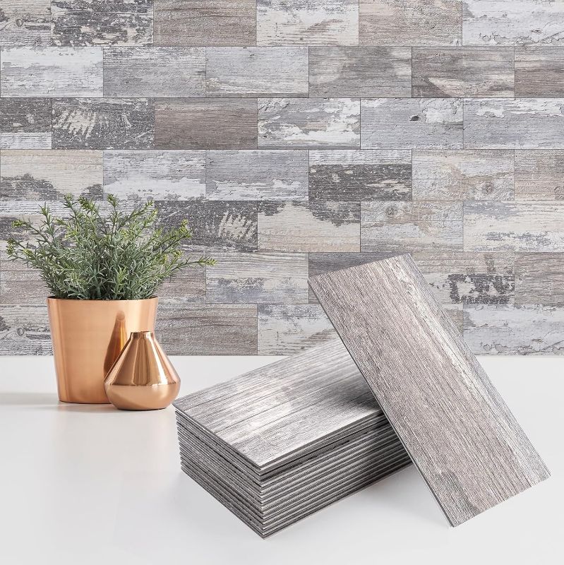 Photo 1 of 100 Pieces Peel and Stick Backsplash for Kitchen, 3" x 6" PVC Subway Tile Upgraded Distressed Wood Backsplash Stick on Tile Elevate Kitchen, Bathroom, Fireplace,RV