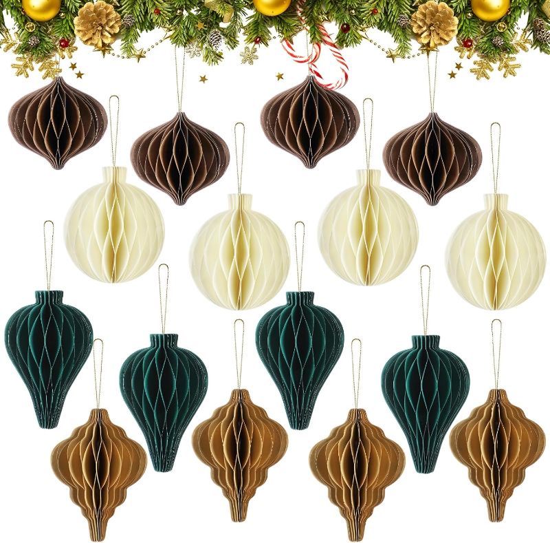 Photo 1 of 16 Pcs Christmas Paper Honeycomb Ornaments Paper Lantern Ornament 3D Hanging Honeycomb Balls Vintage Christmas Hanging Neutral Ornaments Decorations for Christmas Tree Xmas Holiday Party Decor