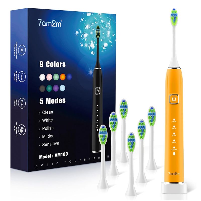 Photo 1 of 7AM2M Sonic Electric Toothbrush with 6 Brush Heads for Adults and Kids, One Charge for 90 Days, Wireless Fast Charge, 5 Modes with 2 Minutes Built in Smart Timer, Electric Toothbrushes(Orange)