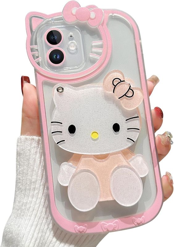 Photo 1 of Cute Cartoon Case for iPhone 12 6.1 inch, 3D Bow Kawaii Glitter Cartoon Cat Case with Face Makeup Mirror for Women Girls Soft Silicone Clear Protective Phone Case for iPhone 12, Pink