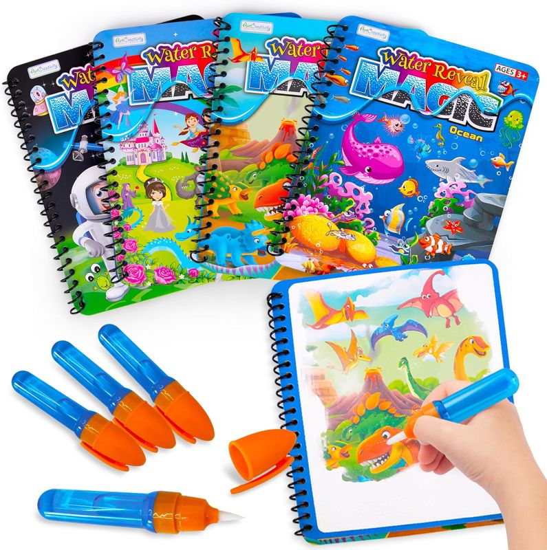 Photo 1 of ArtCreativity 4 Pack Magic Water Coloring Books for Toddlers, Reusable Magic Water Pen Coloring Books for Kids - Mess Free Water Art Book for Toddlers - Travel Activity Toys, No-Mess Coloring