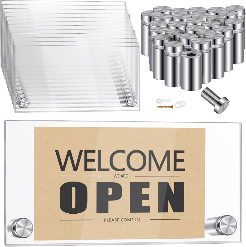 Photo 1 of Demissle 12 Sets Clear Acrylic Wall Name Plate Holders Office Door Mount Name Plate Holder with Stainless Steel Standoff Screws for Office Home Store Restaurant (6 x 3 Inch)
