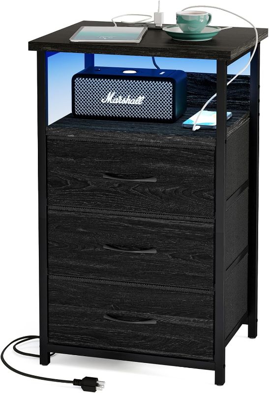 Photo 1 of Fixwal Night Stand with Charging Station, LED Nightstand with Fabric Drawers, End Table with PU Finish, Bed Side Table, Black Oak