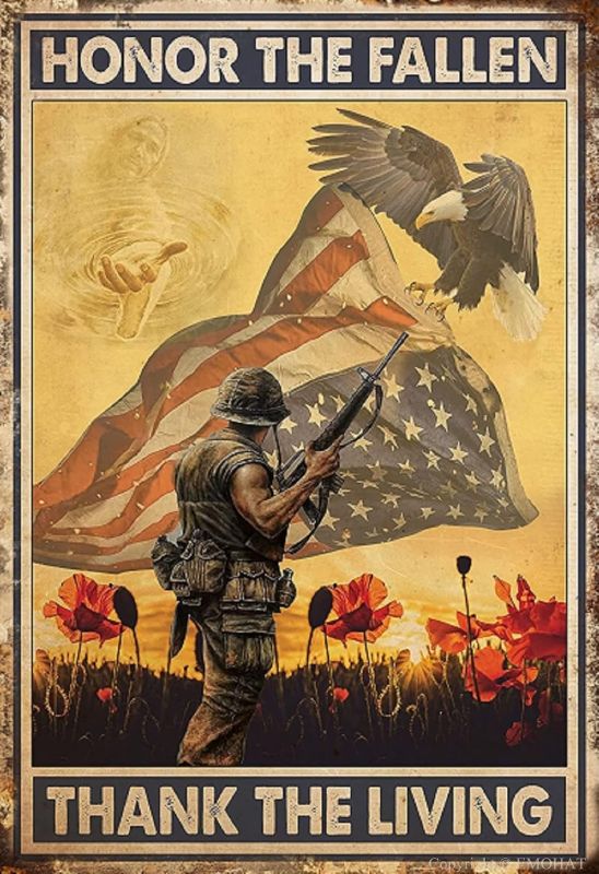 Photo 1 of Memorial Day Veteran Retro Metal Tin Sign Honor The Fallen Thank The Living Poster Veterans Day Decor Tin Sign Plaque For Garage Home Coffee Bar Wall Decor 12x8 Inch